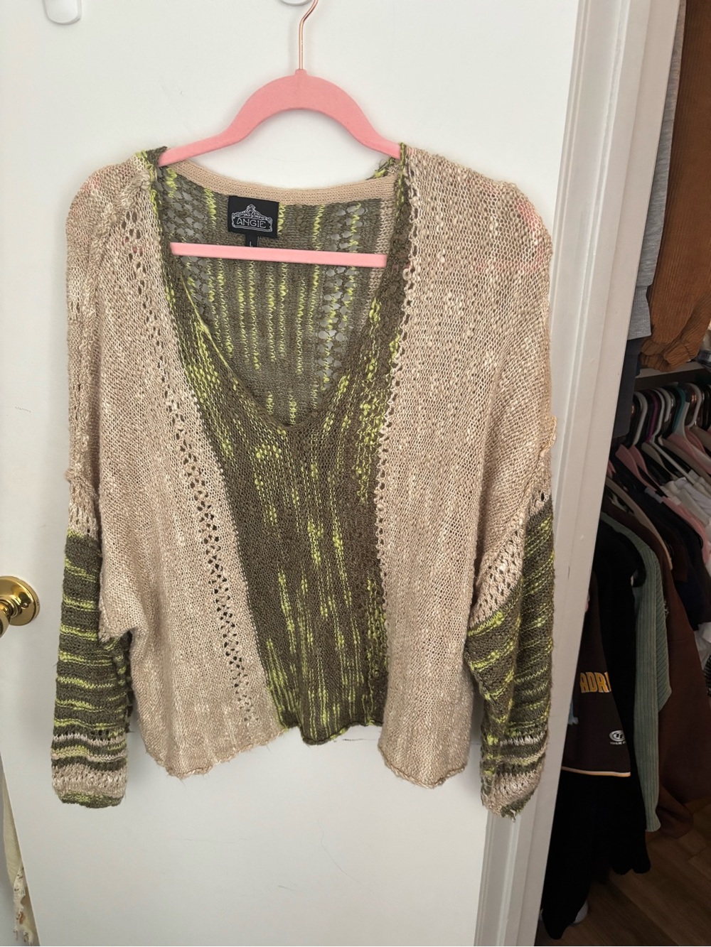 Angie Two-Tone Open Knit Cardigan in Beige and Olive Green